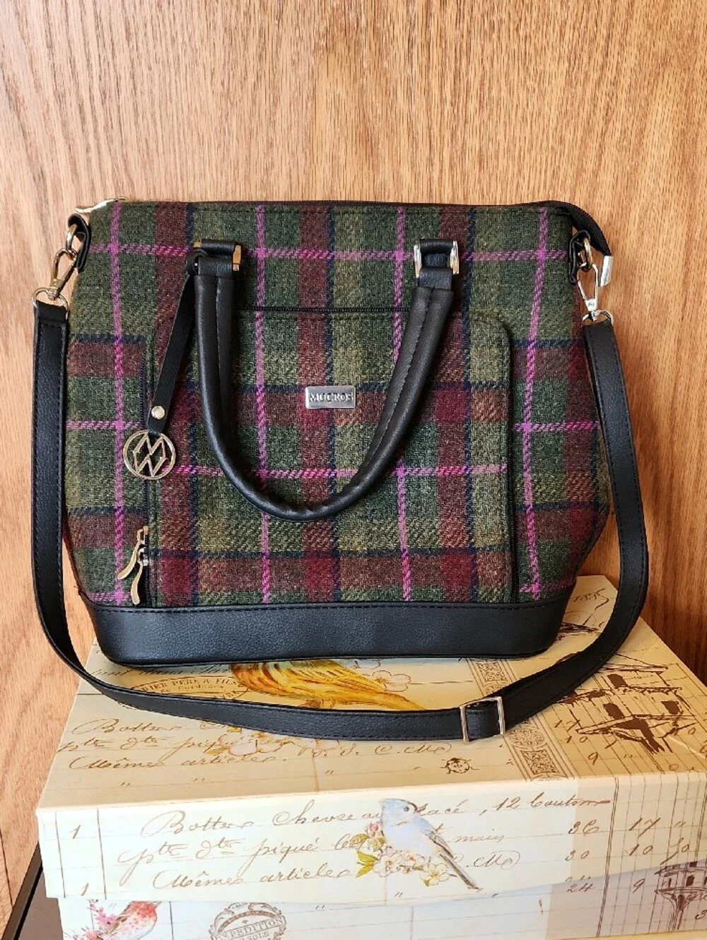 Mucros Green and Purple Plaid Satchel with Black Trim